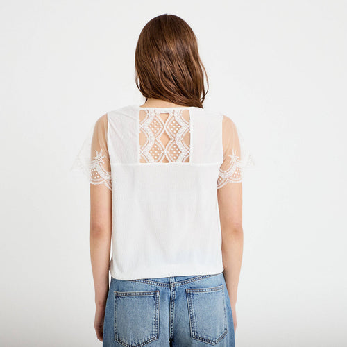 Blouse col v manches courtes dentelle ecru femme