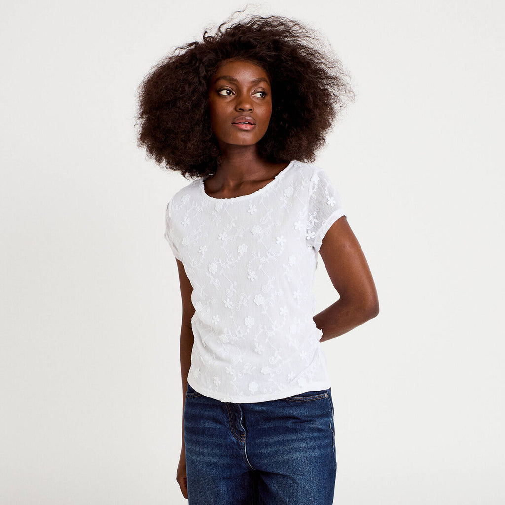 T-shirt ajusté col rond dentelle blanc femme