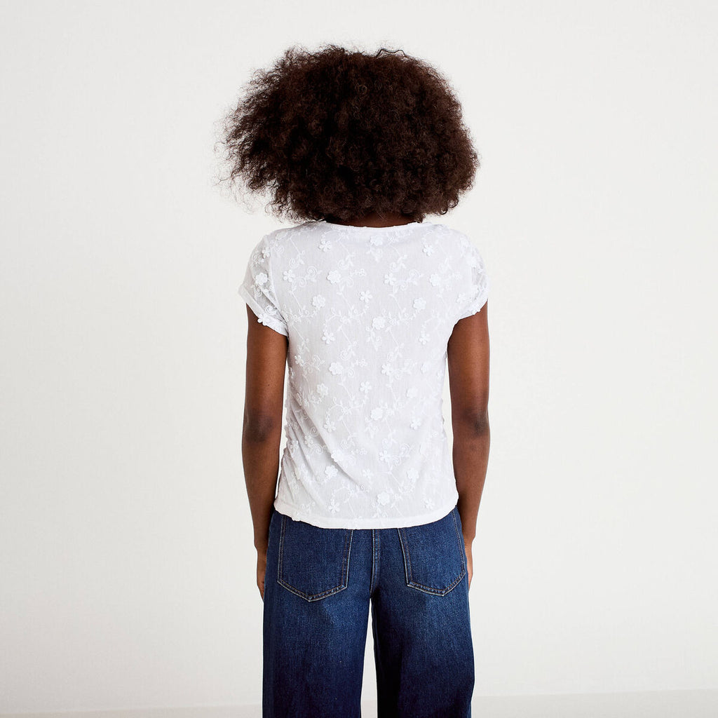 T-shirt ajusté col rond dentelle blanc femme