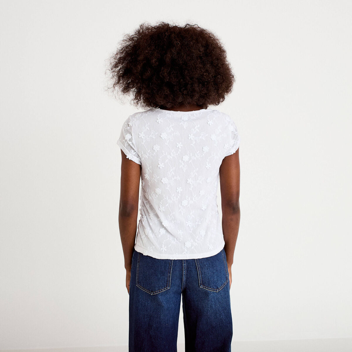 T-shirt ajusté col rond dentelle blanc femme
