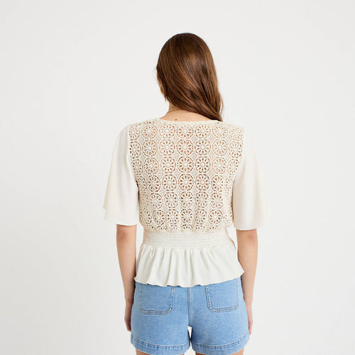 Blouse col v manches courtes ecru femme