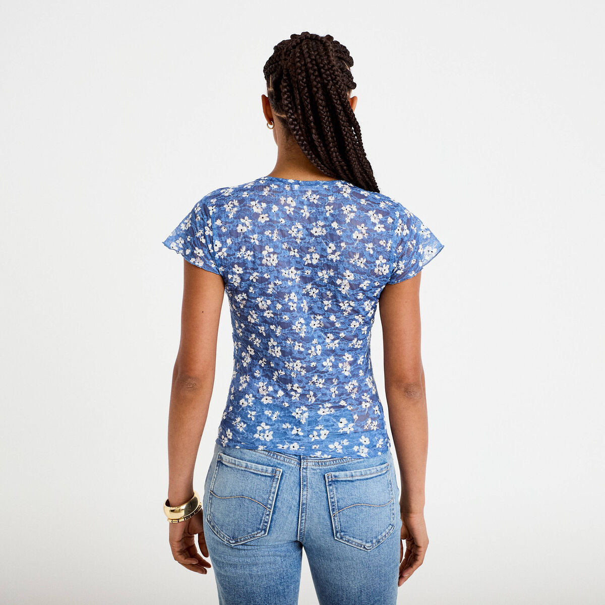 T-shirt ajusté court décolleté dentelle bleu femme