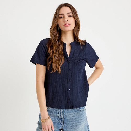 Blouse plissée col v manches courtes bleu foncé femme