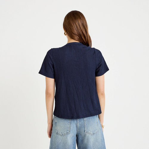 Blouse plissée col v manches courtes bleu foncé femme