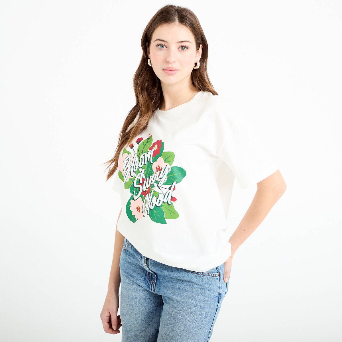 T-shirt col rond manches courtes ecru femme