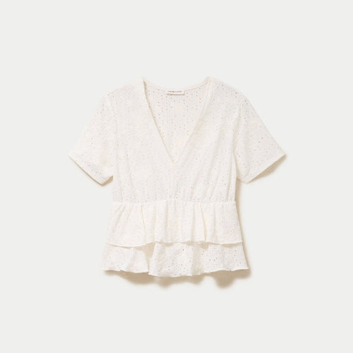 Blouse décolleté manches courtes ecru femme