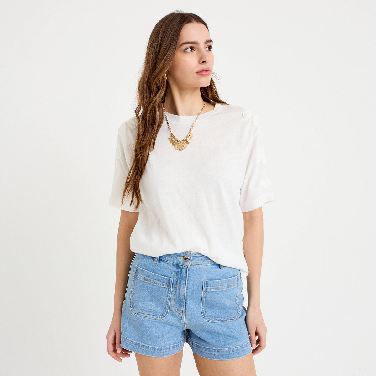 T-shirt col rond manches courtes brodé ecru femme