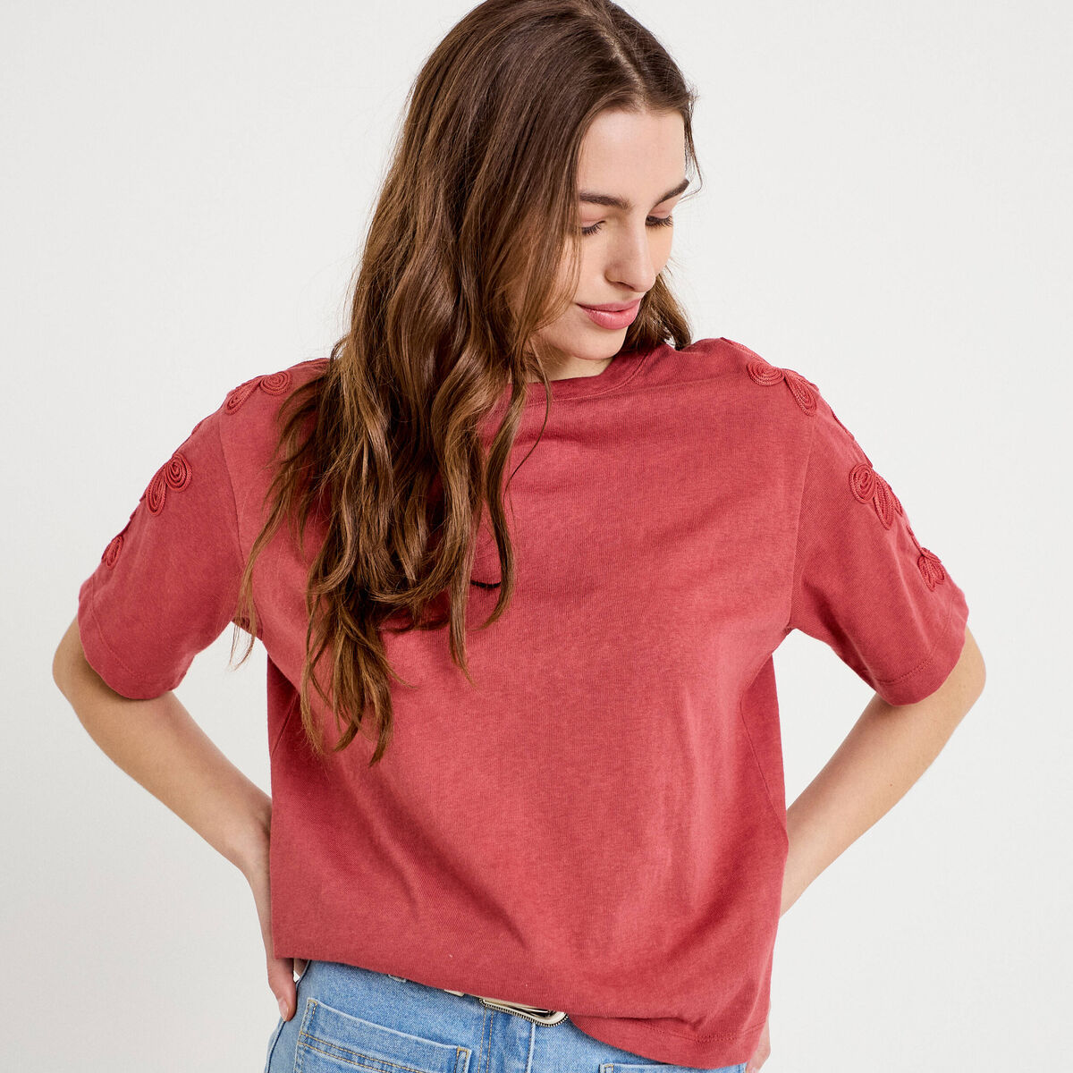 T-shirt col rond manches courtes brodé vieux rose femme