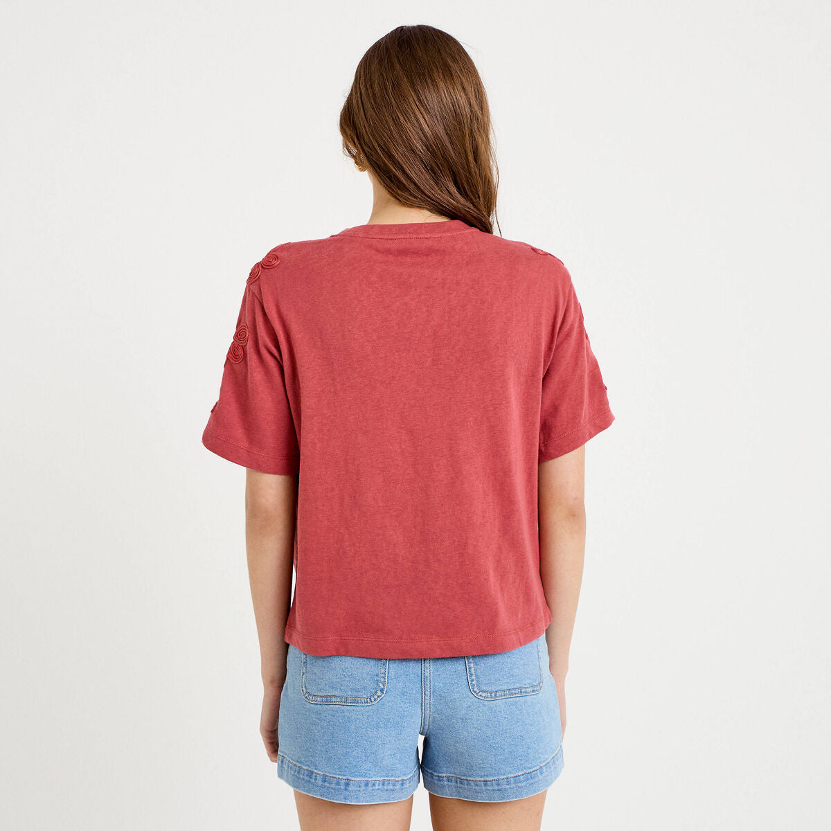 T-shirt col rond manches courtes brodé vieux rose femme