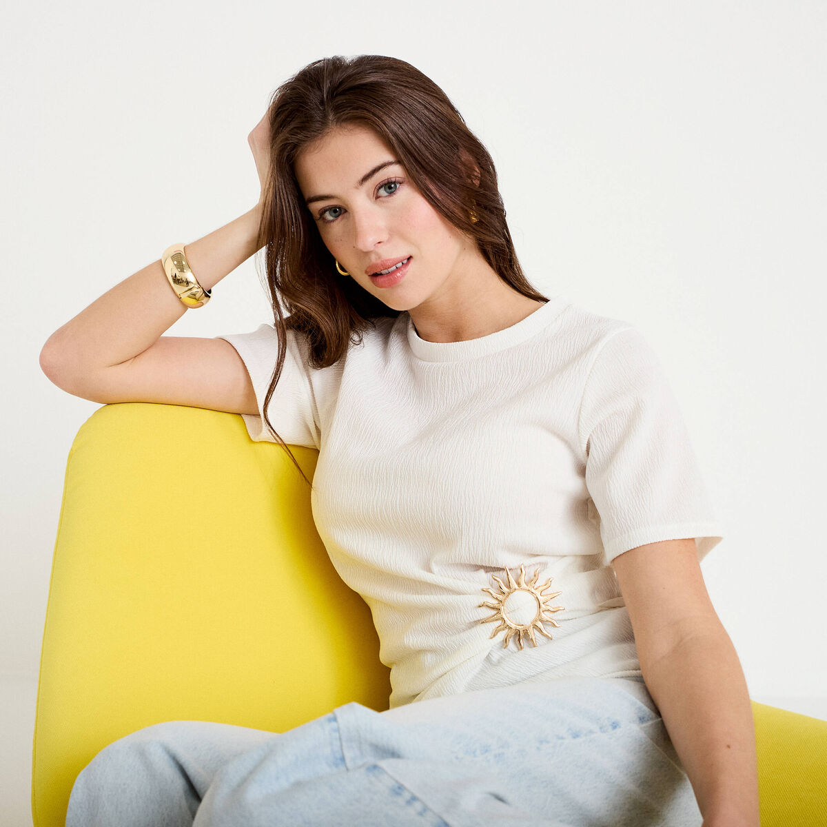 T-shirt cintré col rond manches courtes ecru femme