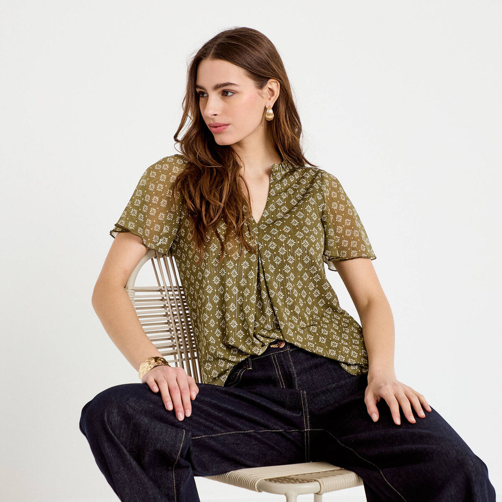 Blouse droite longue manches courtes vert femme