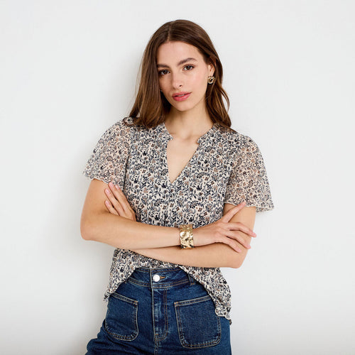 Blouse droite longue manches courtes blanc femme