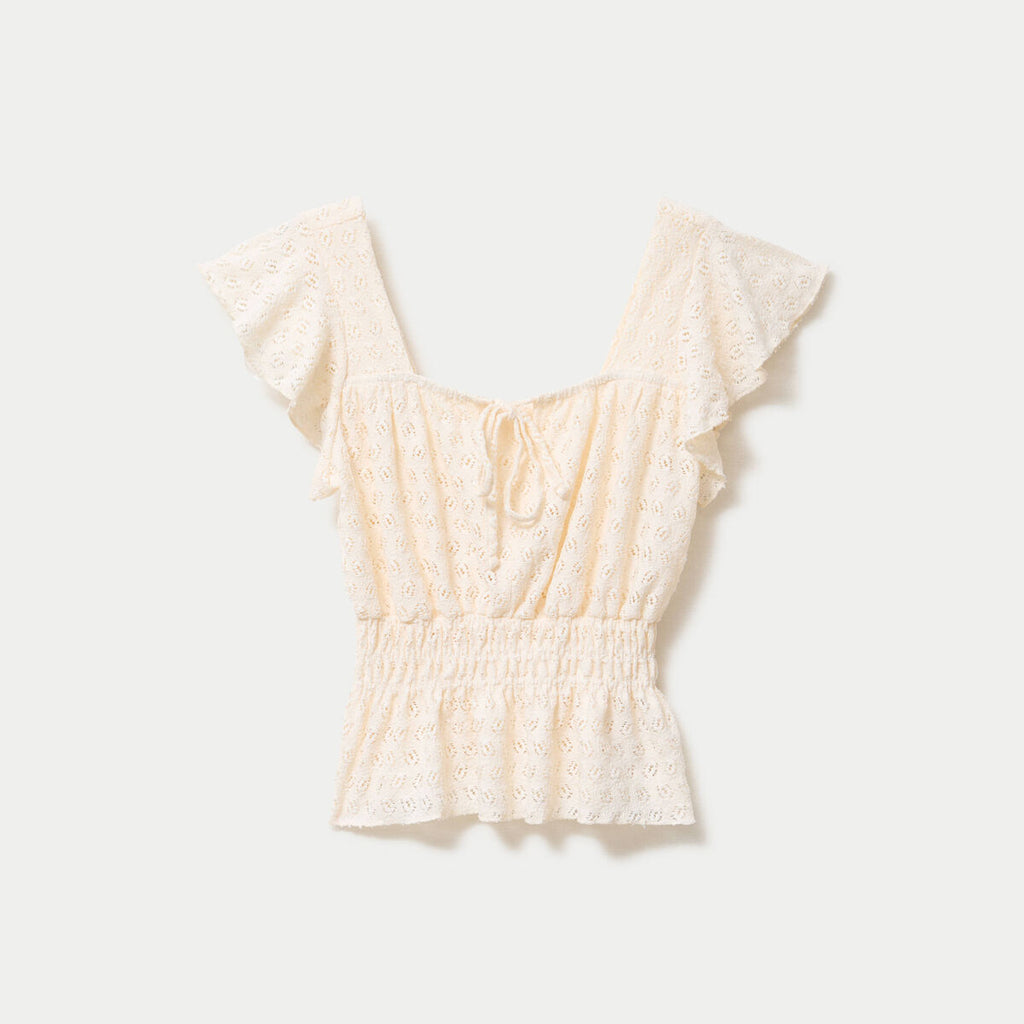 Blouse ajourée col carré manches courtes ecru femme