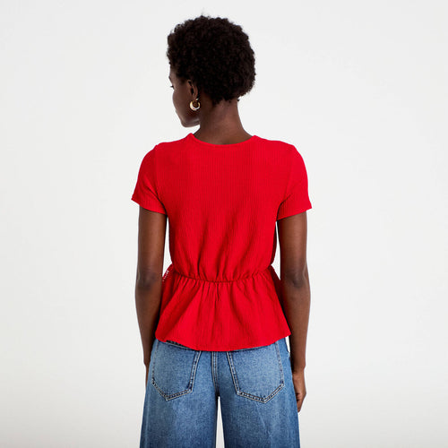 Blouse droite col v manches courtes rouge femme