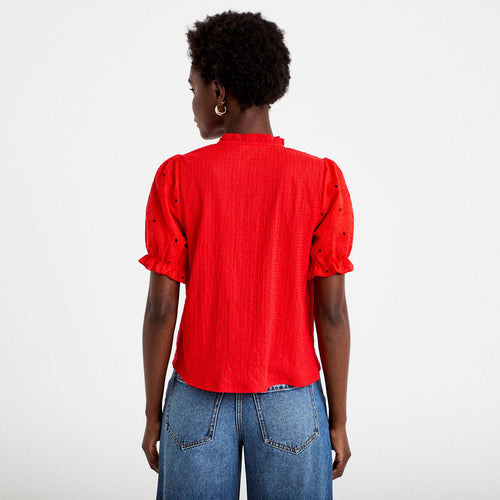 Blouse manches courtes brodées rouge femme