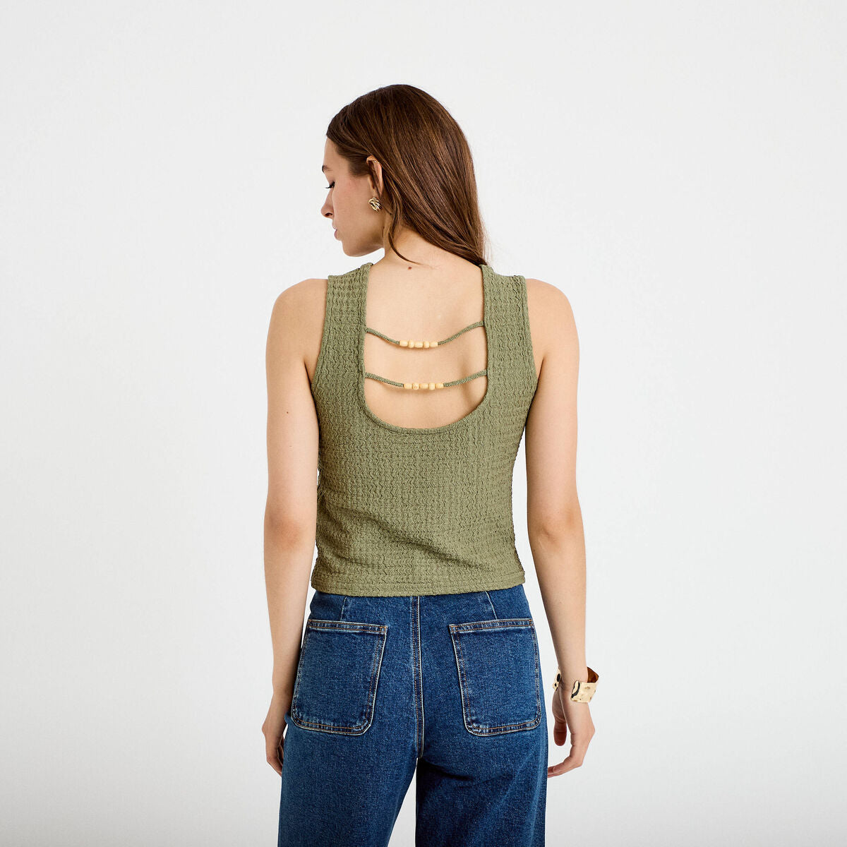 Top plissé col rond manches courtes vert kaki femme