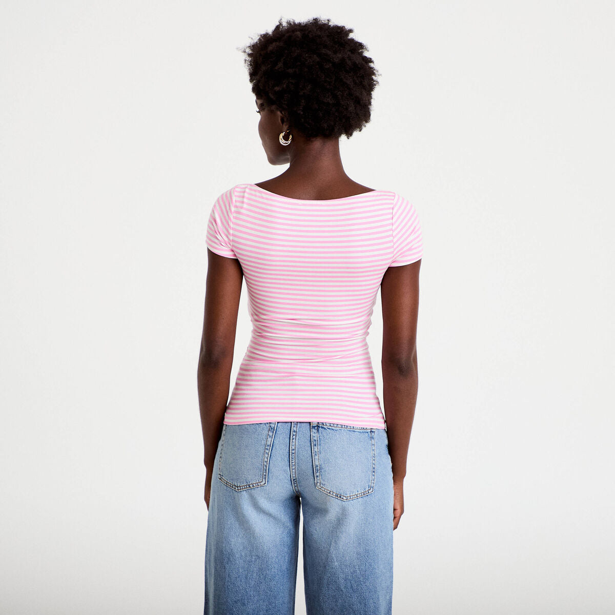 Top ajusté col bateau manches courtes rose clair femme