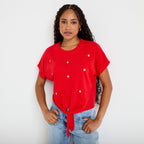 T-shirt col rond manches courtes noeuds rouge femme