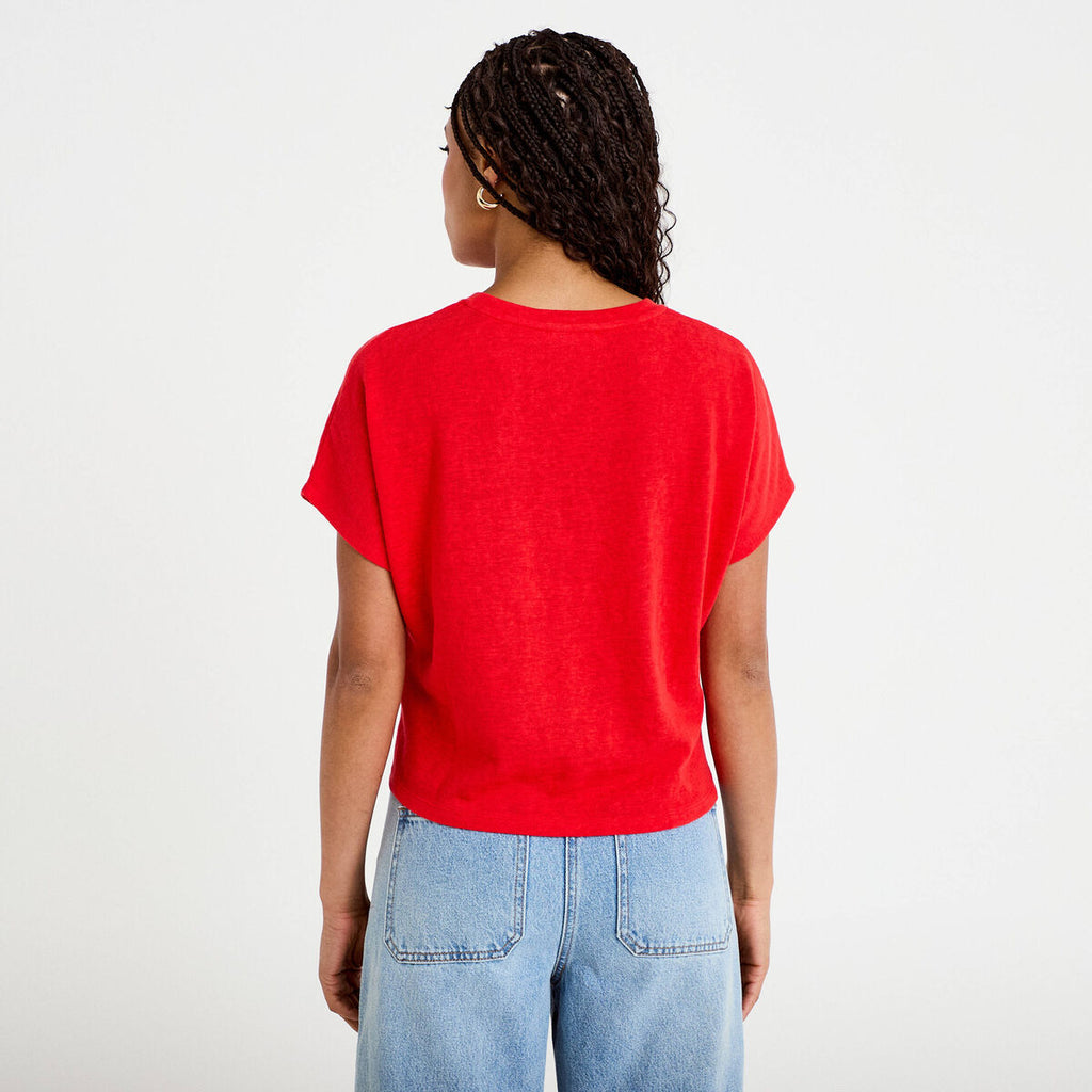 T-shirt col rond manches courtes noeuds rouge femme