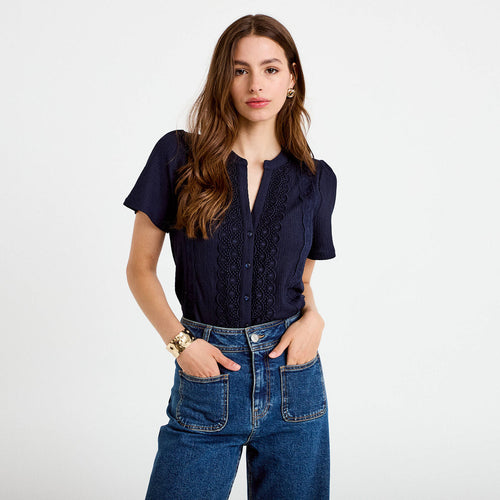 Blouse plastron brodé manches courtes bleu marine femme