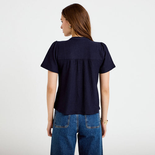 Blouse plastron brodé manches courtes bleu marine femme