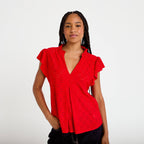 Blouse ajourée col v manches courtes rouge femme