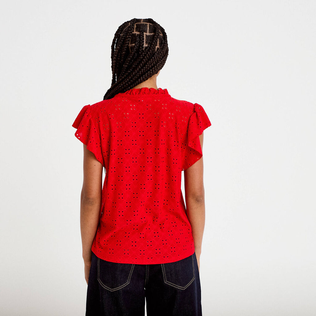 Blouse ajourée col v manches courtes rouge femme