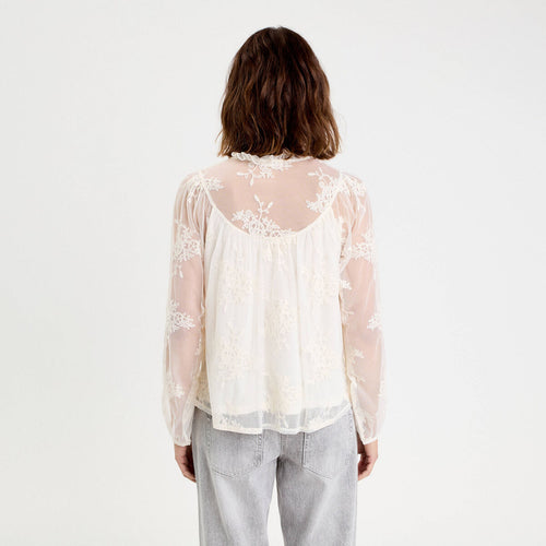 Blouse dentelle manches longues ecru femme
