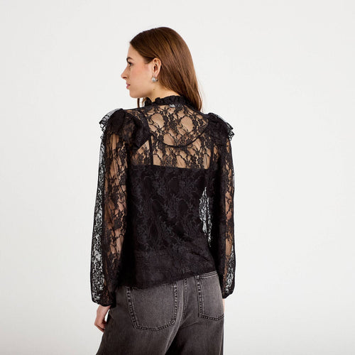 Blouse col rond manches longues dentelle noir femme