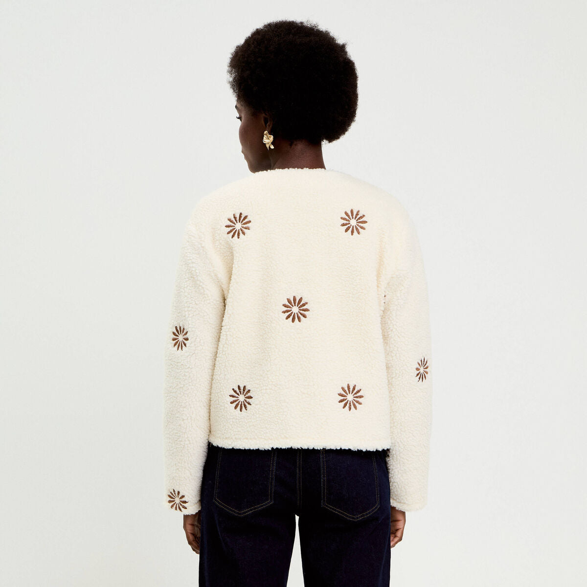 Gilet brodé effet polaire blanc femme
