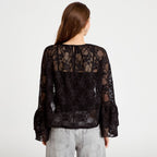 Blouse col rond manches longues dentelle noir femme