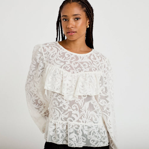Blouse en dentelle manches longues ecru femme