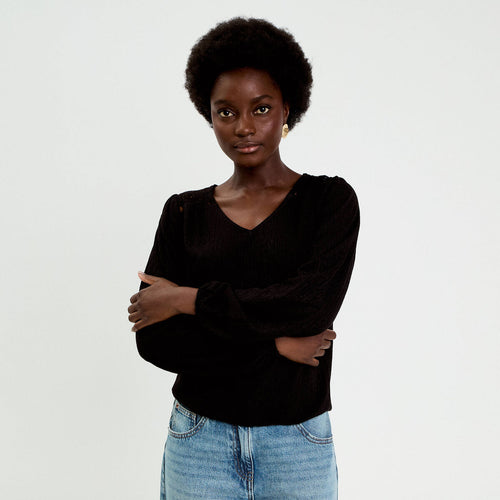 Blouse macramé bas élastiqué noir femme