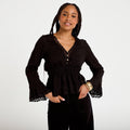 Blouse ajustée col v manches longues noir femme