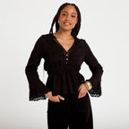 Blouse ajustée col v manches longues noir femme