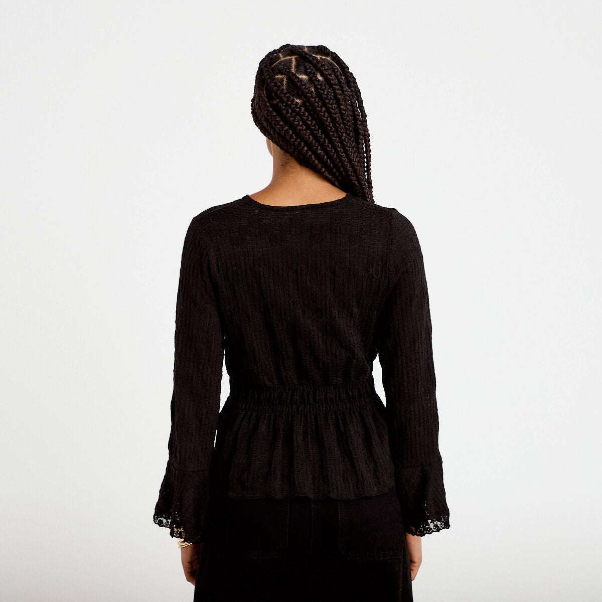 Blouse ajustée col v manches longues noir femme