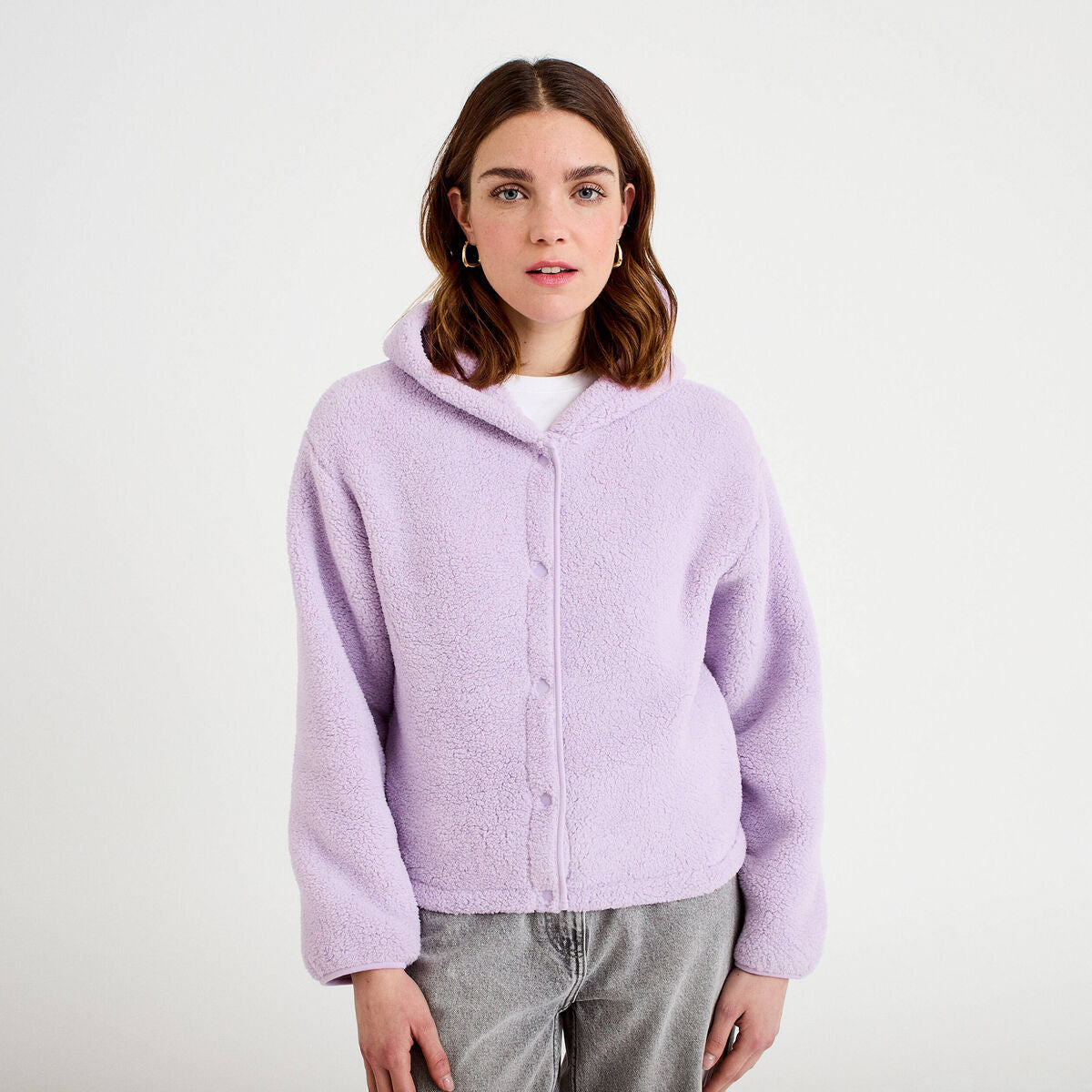 Veste effet polaire à capuche parme femme