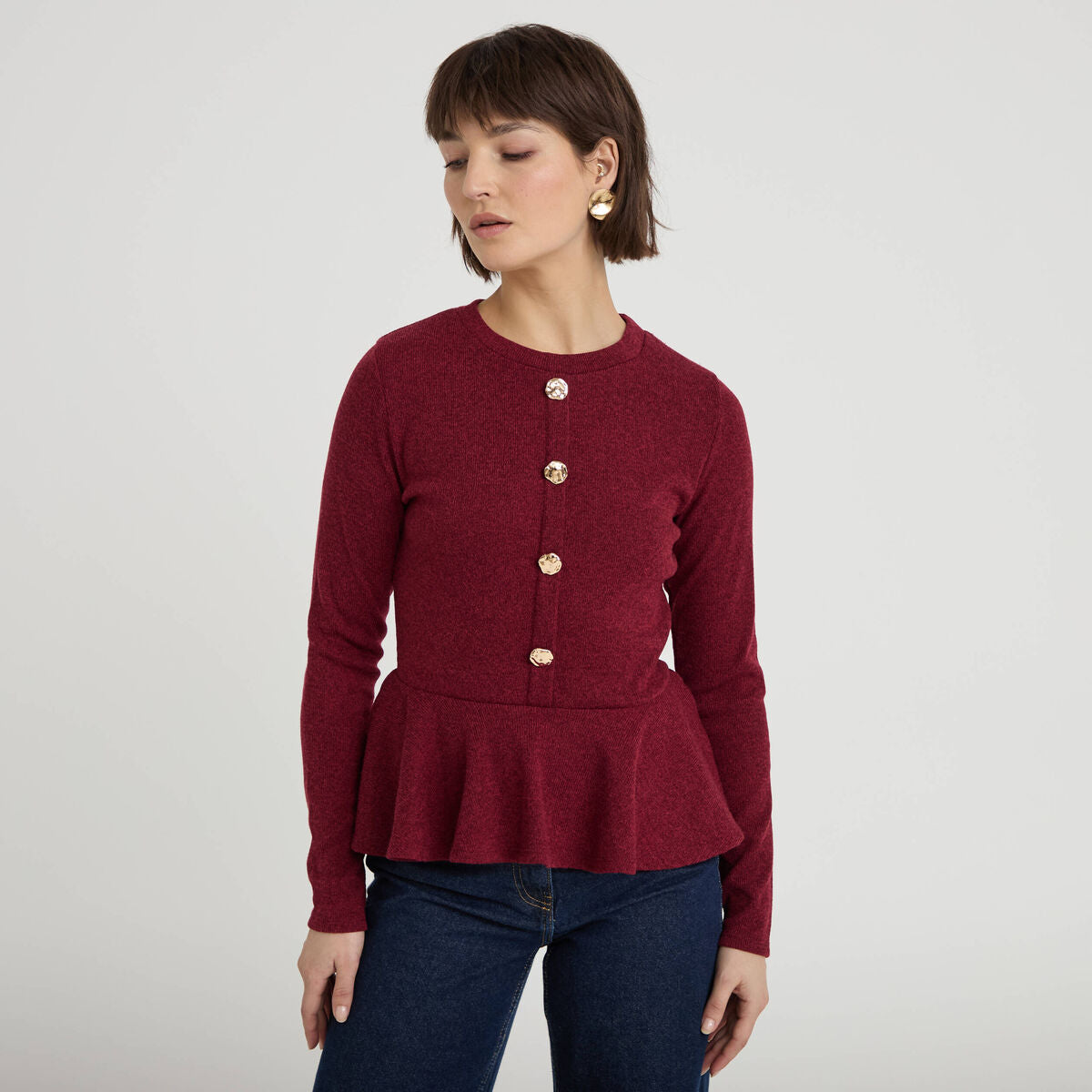Pull péplum avec boutons rouge foncé femme