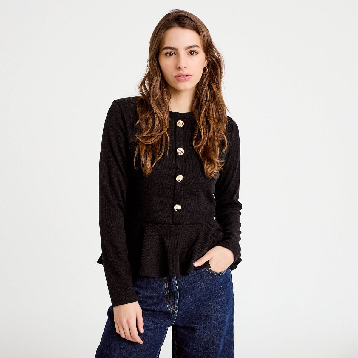 Pull péplum avec boutons noir femme