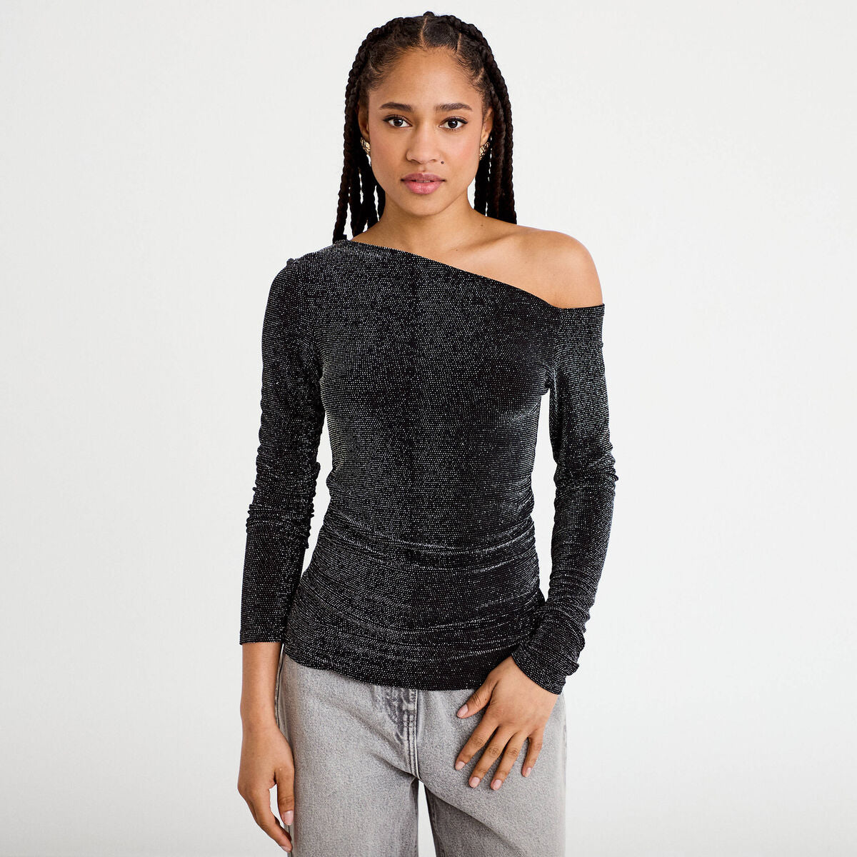 T-shirt asymétrique brillant noir femme