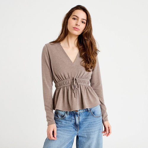 Blouse cintrée col v manches longues beige femme