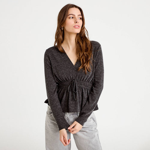 Blouse cintrée col v manches longues gris foncé femme
