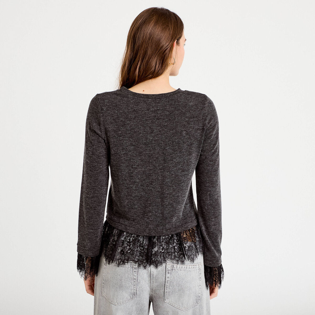 Pull détails de dentelle gris foncé femme