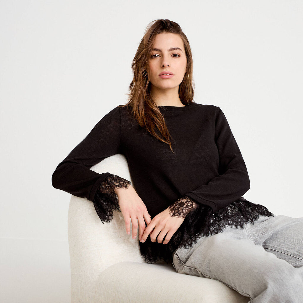Pull détails de dentelle noir femme