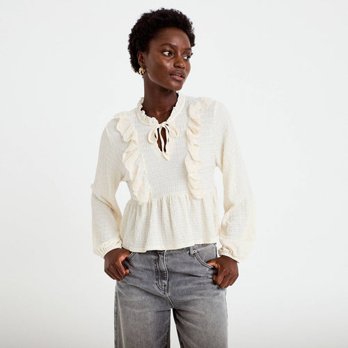 Blouse droite plissée col montant ecru femme