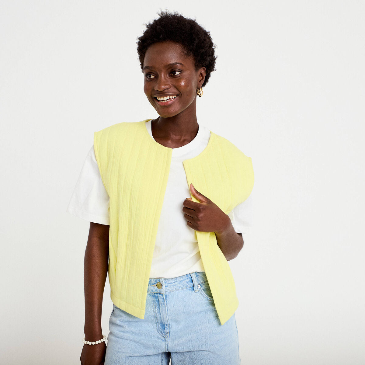 Gilet barman ample cropped plissé jaune citron femme