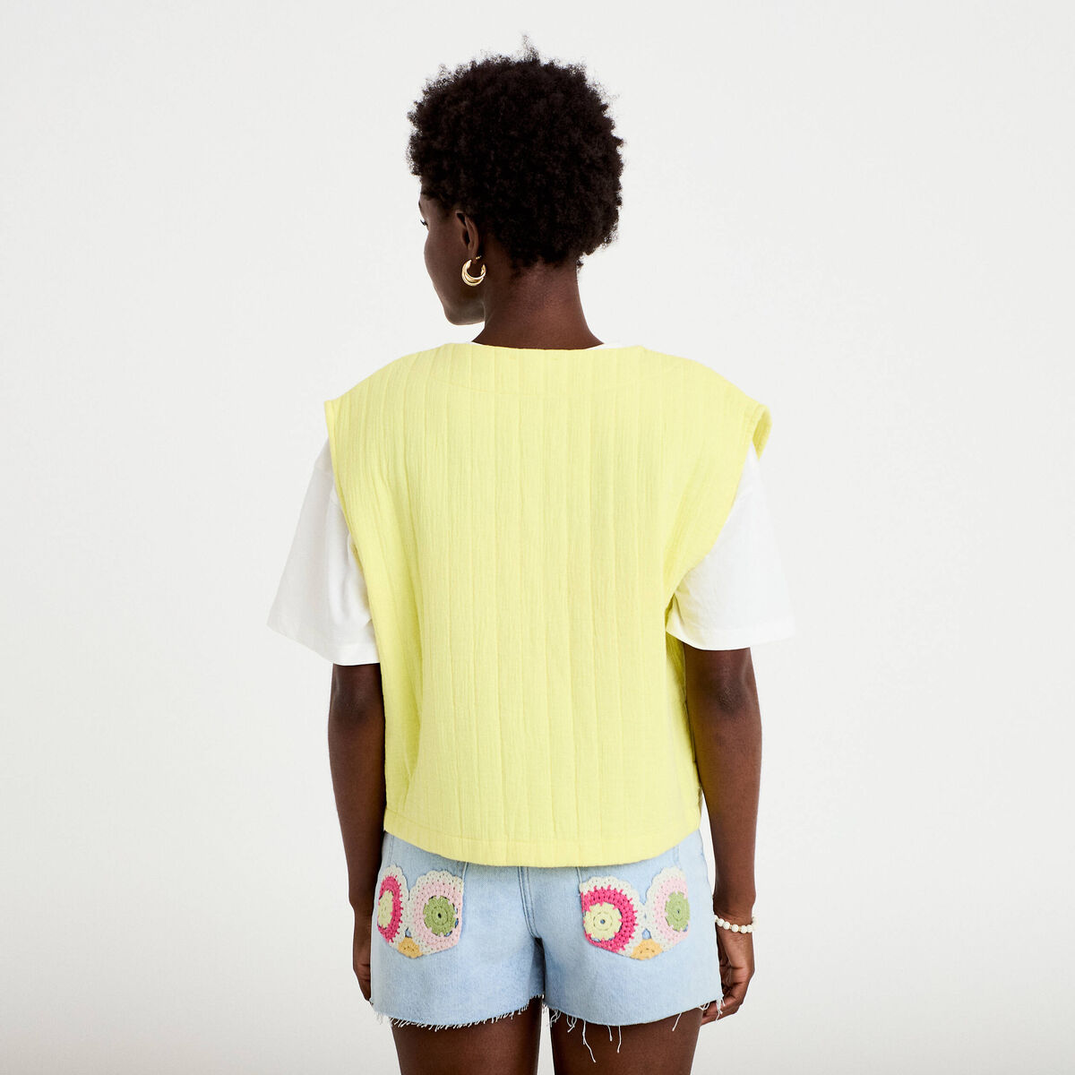 Gilet barman ample cropped plissé jaune citron femme