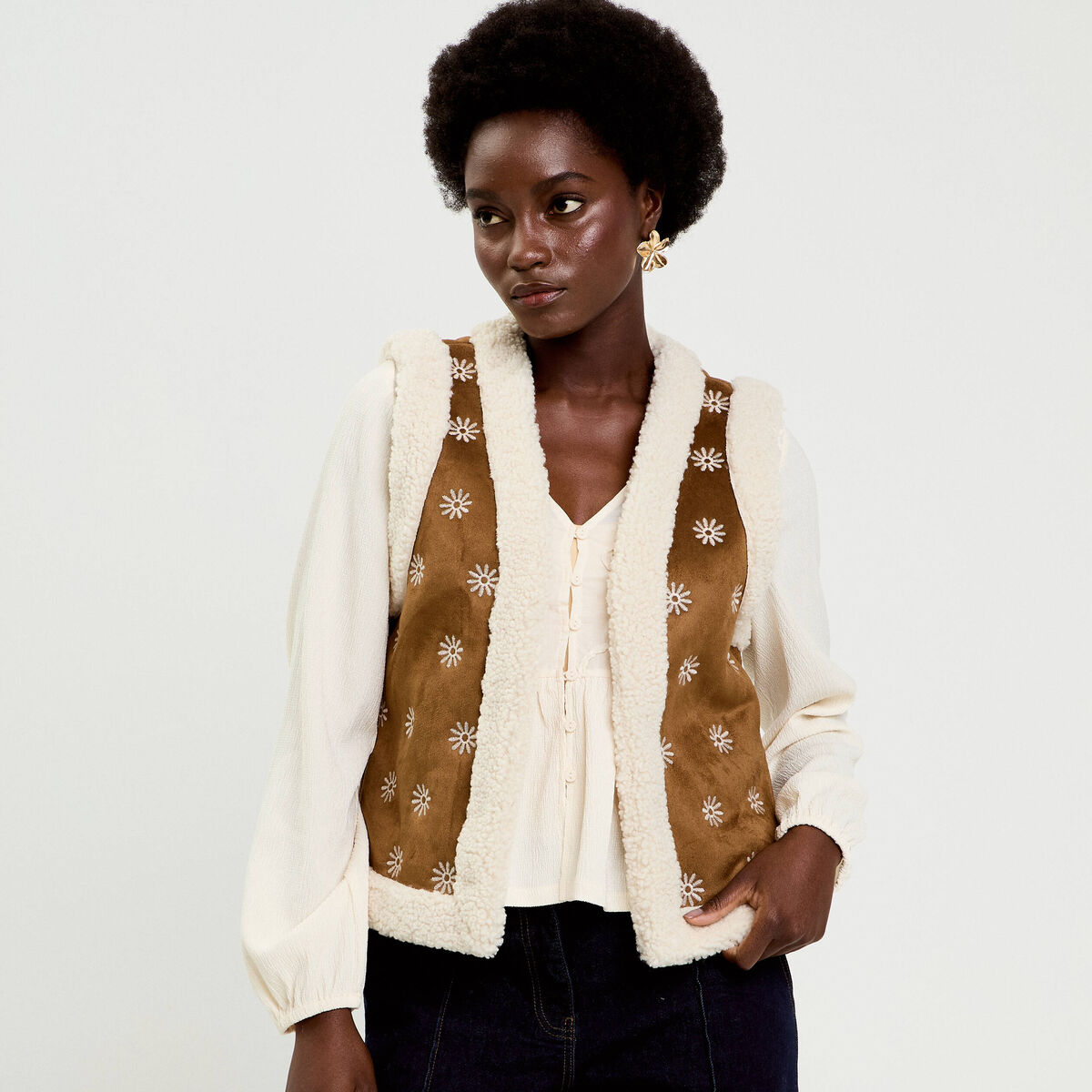 Gilet sans manches fausse fourrure marron foncé femme