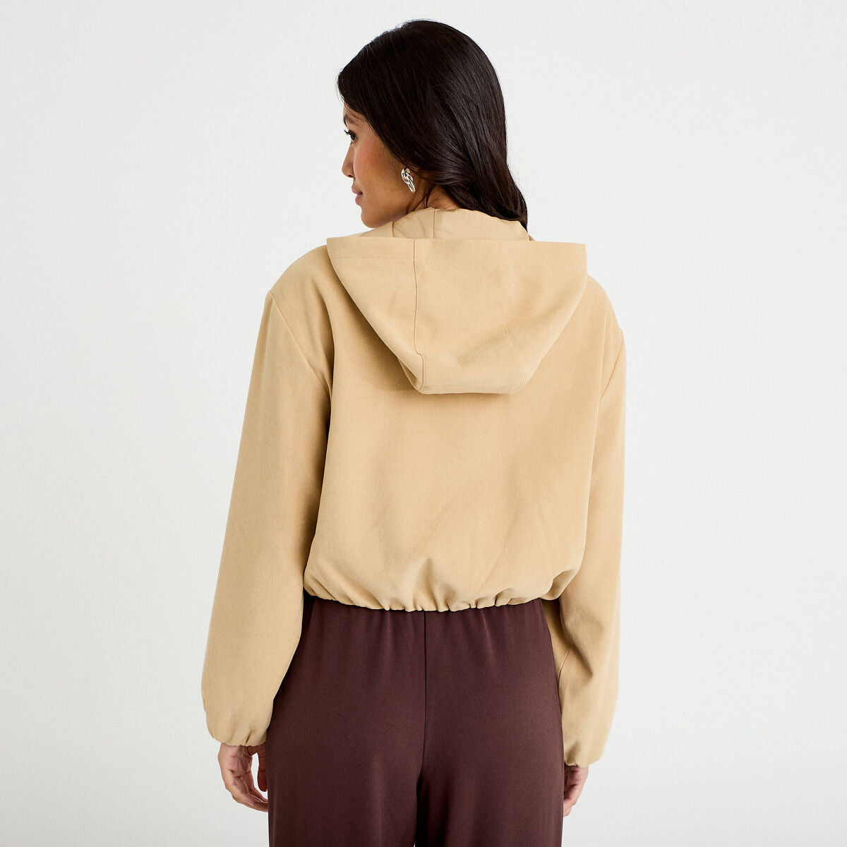 Veste cropped à capuche manches longues beige femme