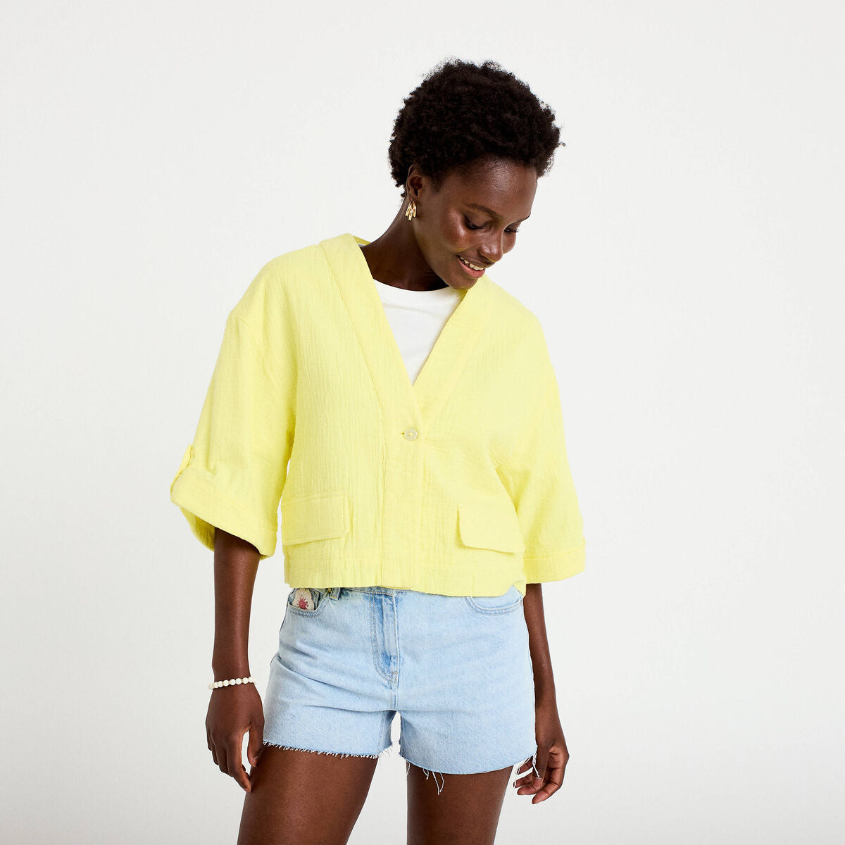 Veste ample plissée manches 3/4 jaune citron femme